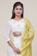 white floral designed straight cut kurta set with 3/4 sleeve and a shawl