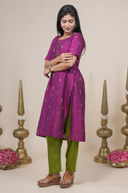 Magenta woven silk straight kurta set with pant and a shawl