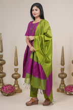 Magenta woven silk straight kurta set with pant and a shawl