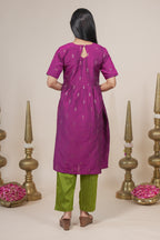 Magenta woven silk straight kurta set with pant and a shawl