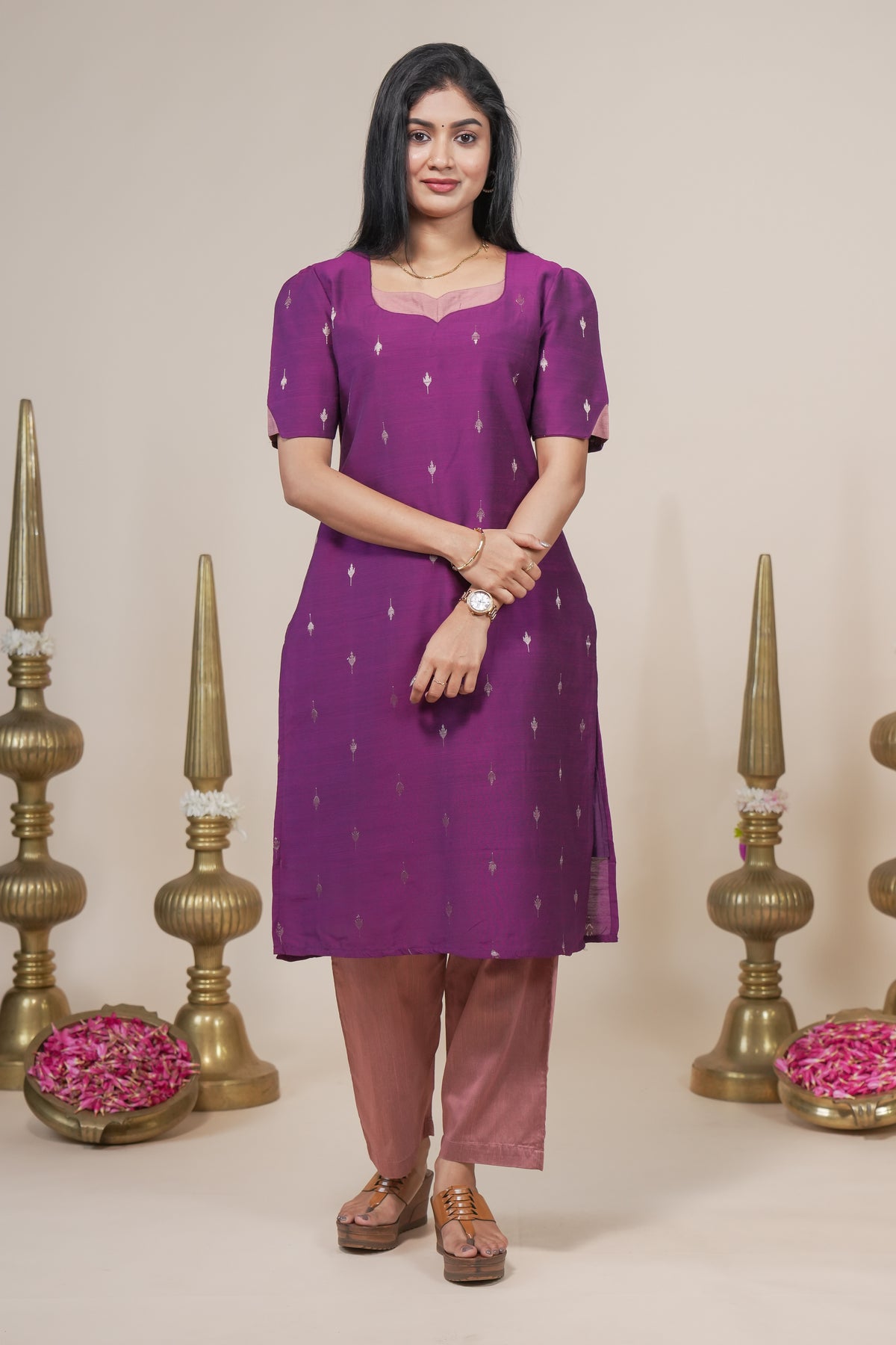 Purple woven silk straight kurta set with pant and a shawl