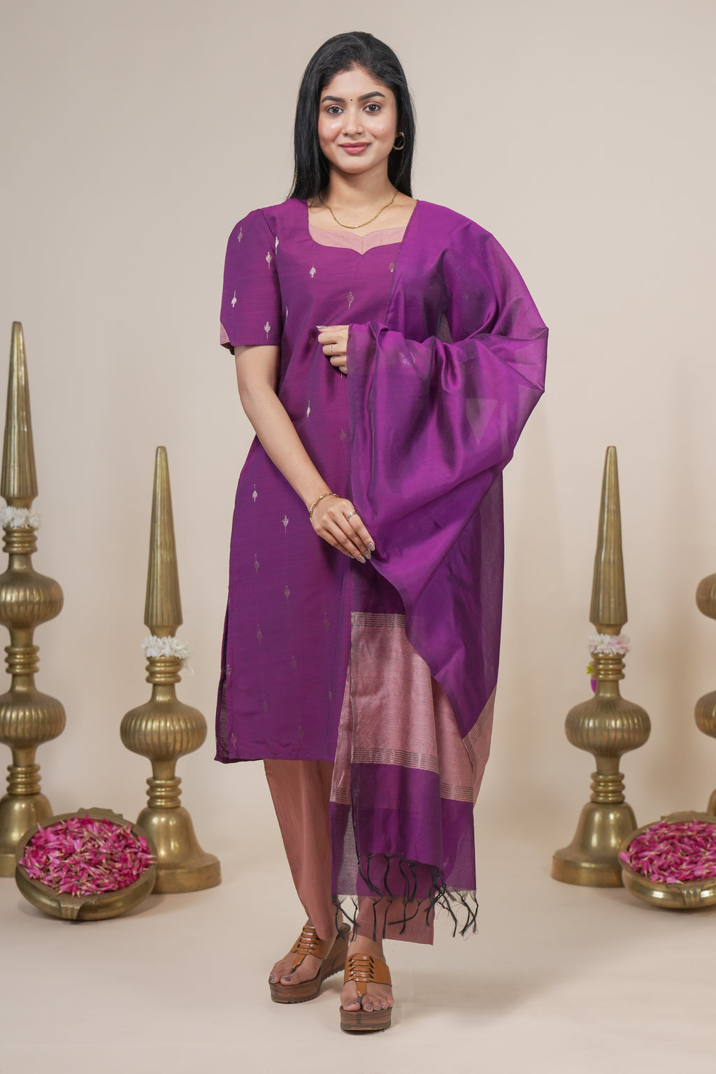 Purple woven silk straight kurta set with pant and a shawl