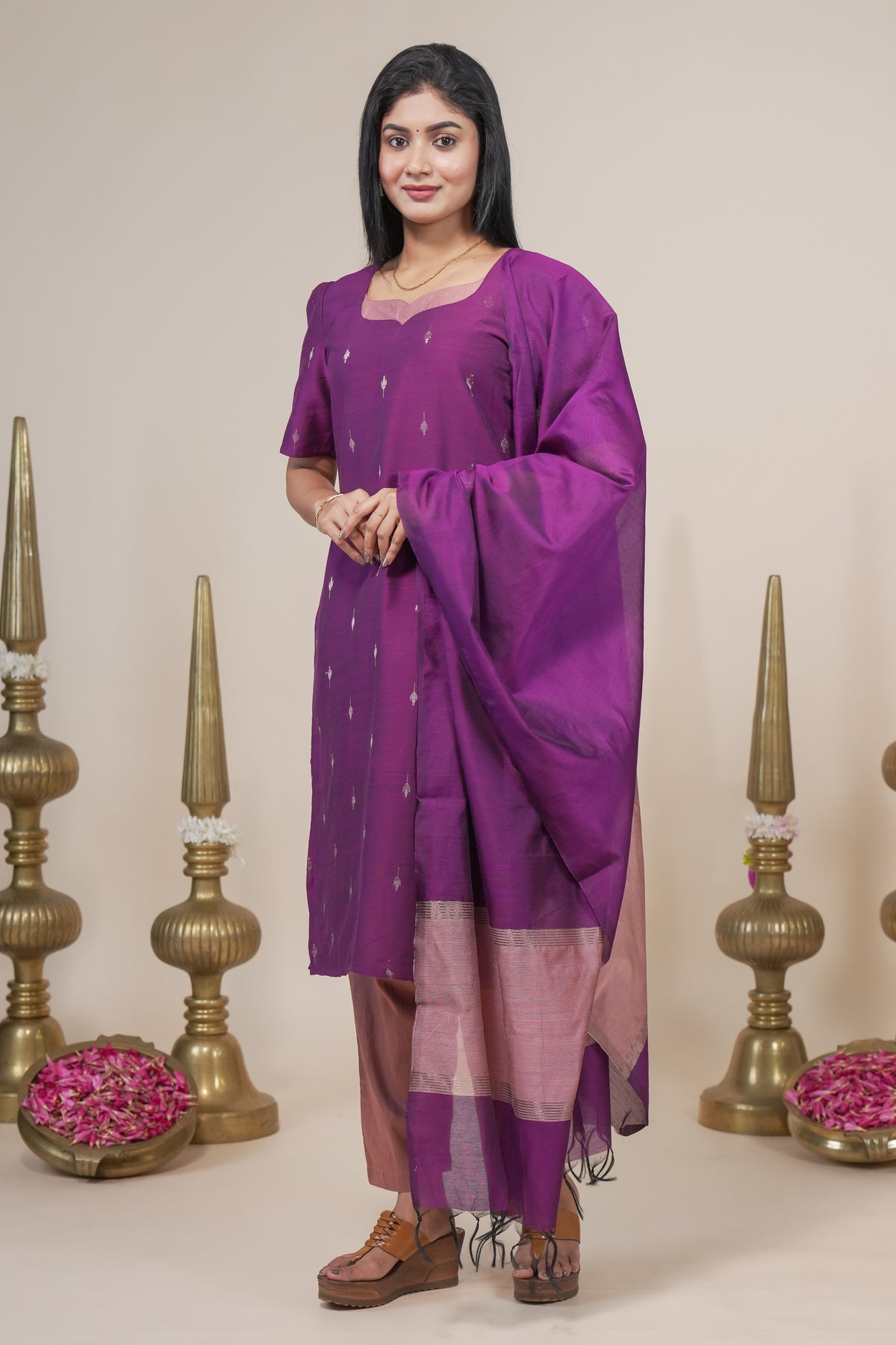 Purple woven silk straight kurta set with pant and a shawl