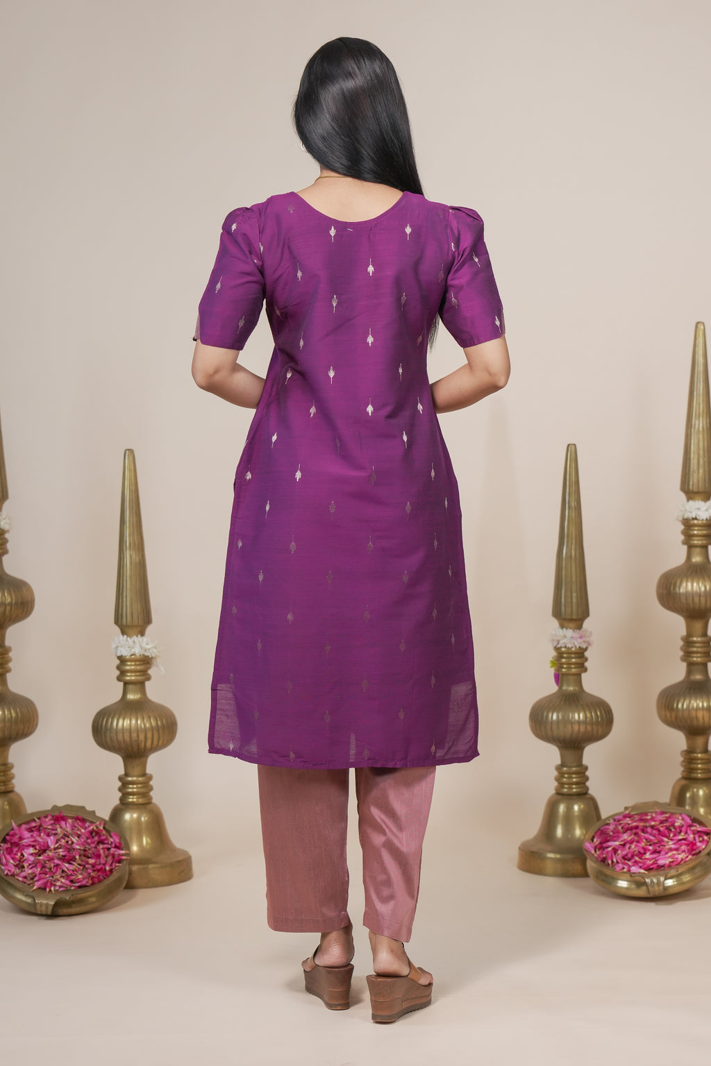 Purple woven silk straight kurta set with pant and a shawl