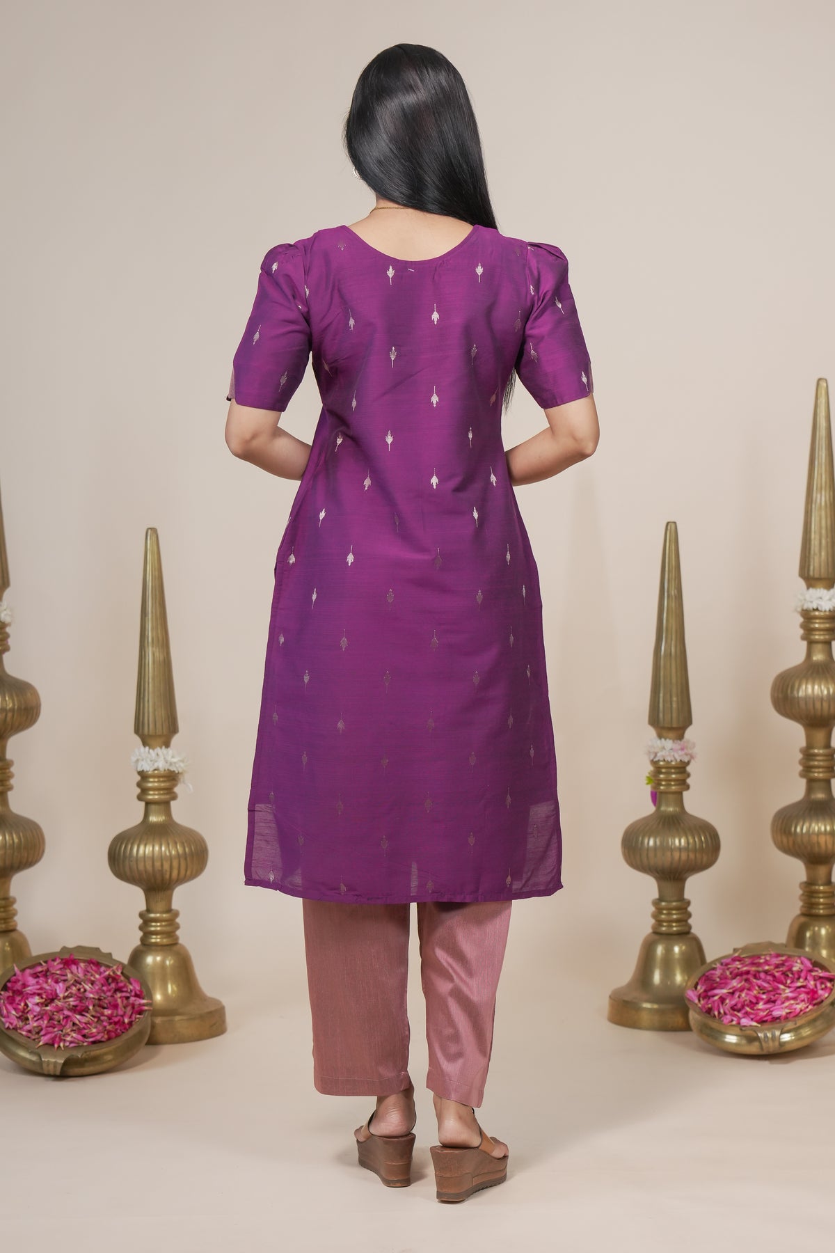 Purple woven silk straight kurta set with pant and a shawl