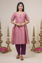 Dusty pink woven silk straight kurta set with pant and a shawl