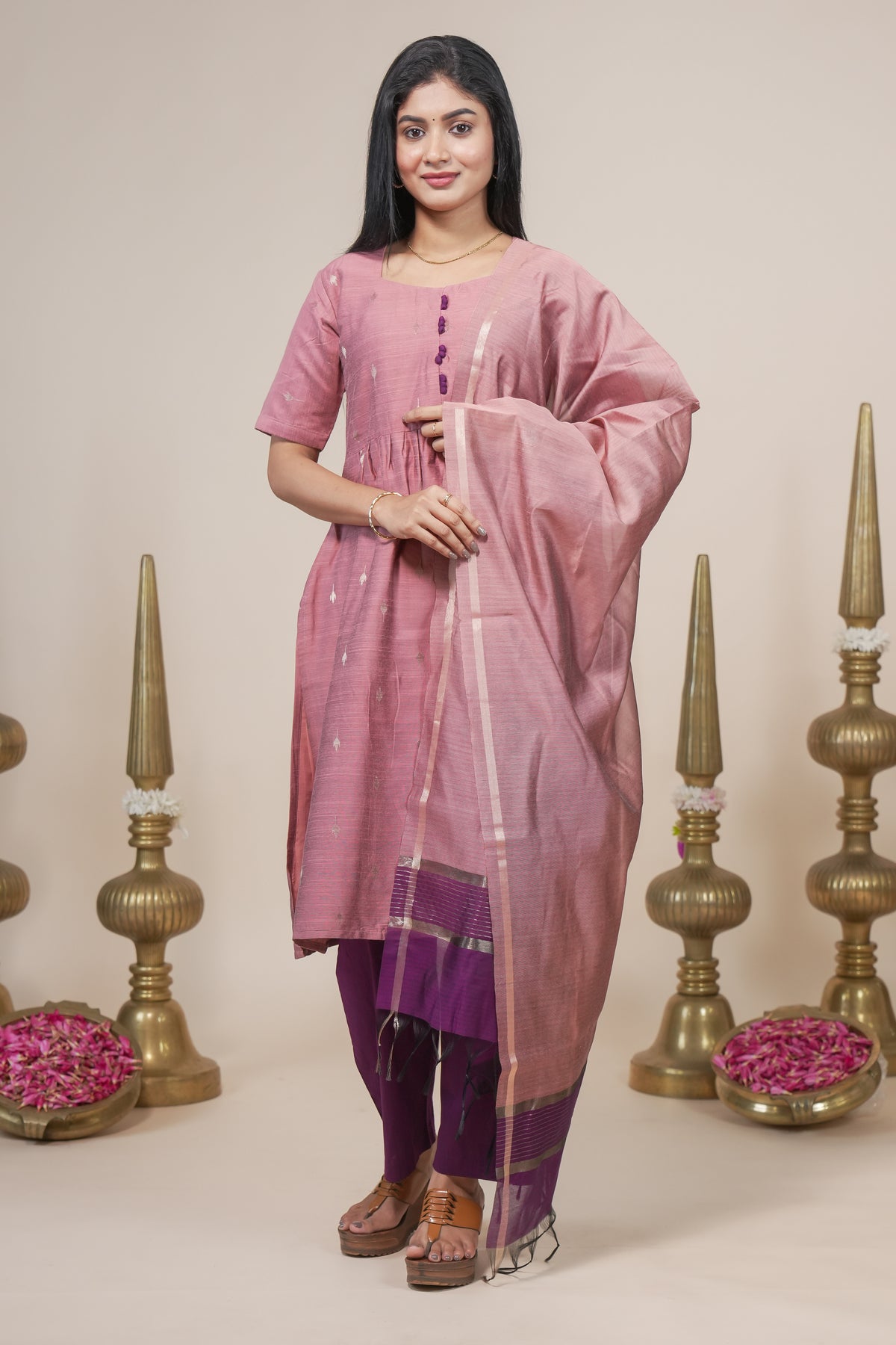 Dusty pink woven silk straight kurta set with pant and a shawl