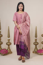 Dusty pink woven silk straight kurta set with pant and a shawl