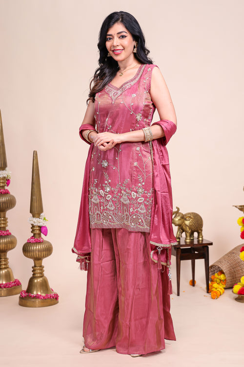 Dusty pink floral stone work embroidered sharara set with V-neck matching bottom and dupatta