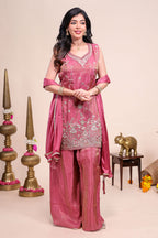 Dusty pink floral stone work embroidered sharara set with V-neck matching bottom and dupatta
