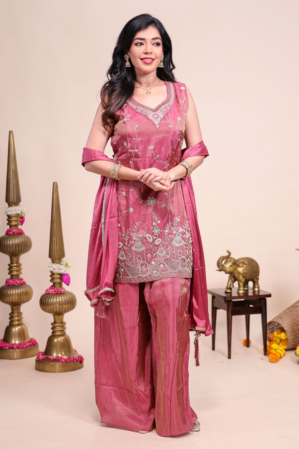 Dusty pink floral stone work embroidered sharara set with V-neck matching bottom and dupatta