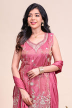 Dusty pink floral stone work embroidered sharara set with V-neck matching bottom and dupatta
