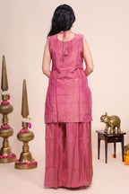 Dusty pink floral stone work embroidered sharara set with V-neck matching bottom and dupatta