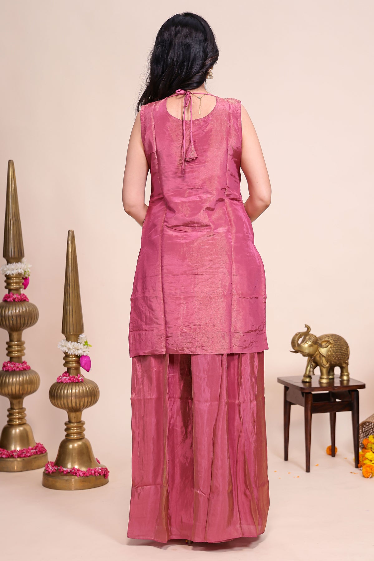 Dusty pink floral stone work embroidered sharara set with V-neck matching bottom and dupatta