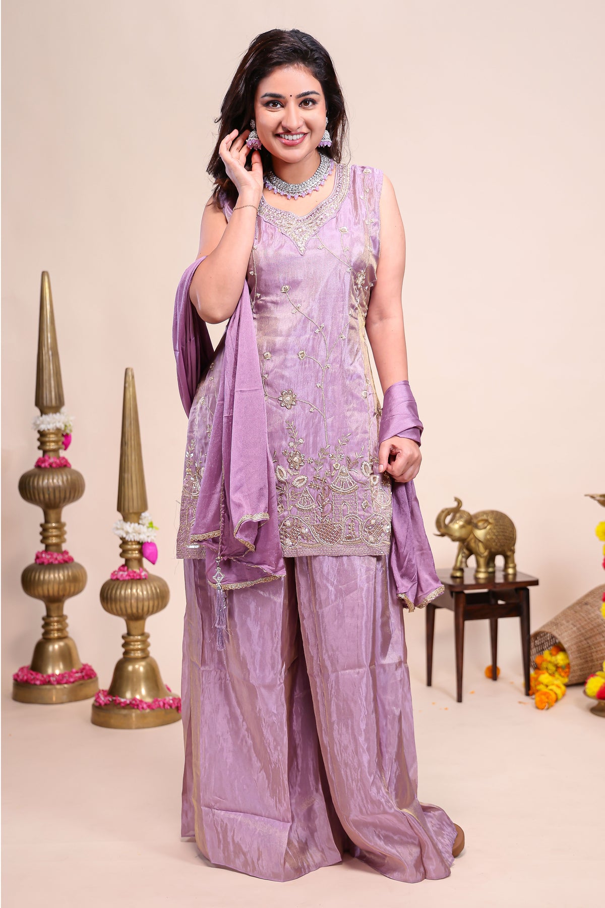 Purple floral stone work embroidered sharara set with V-neck matching bottom and dupatta