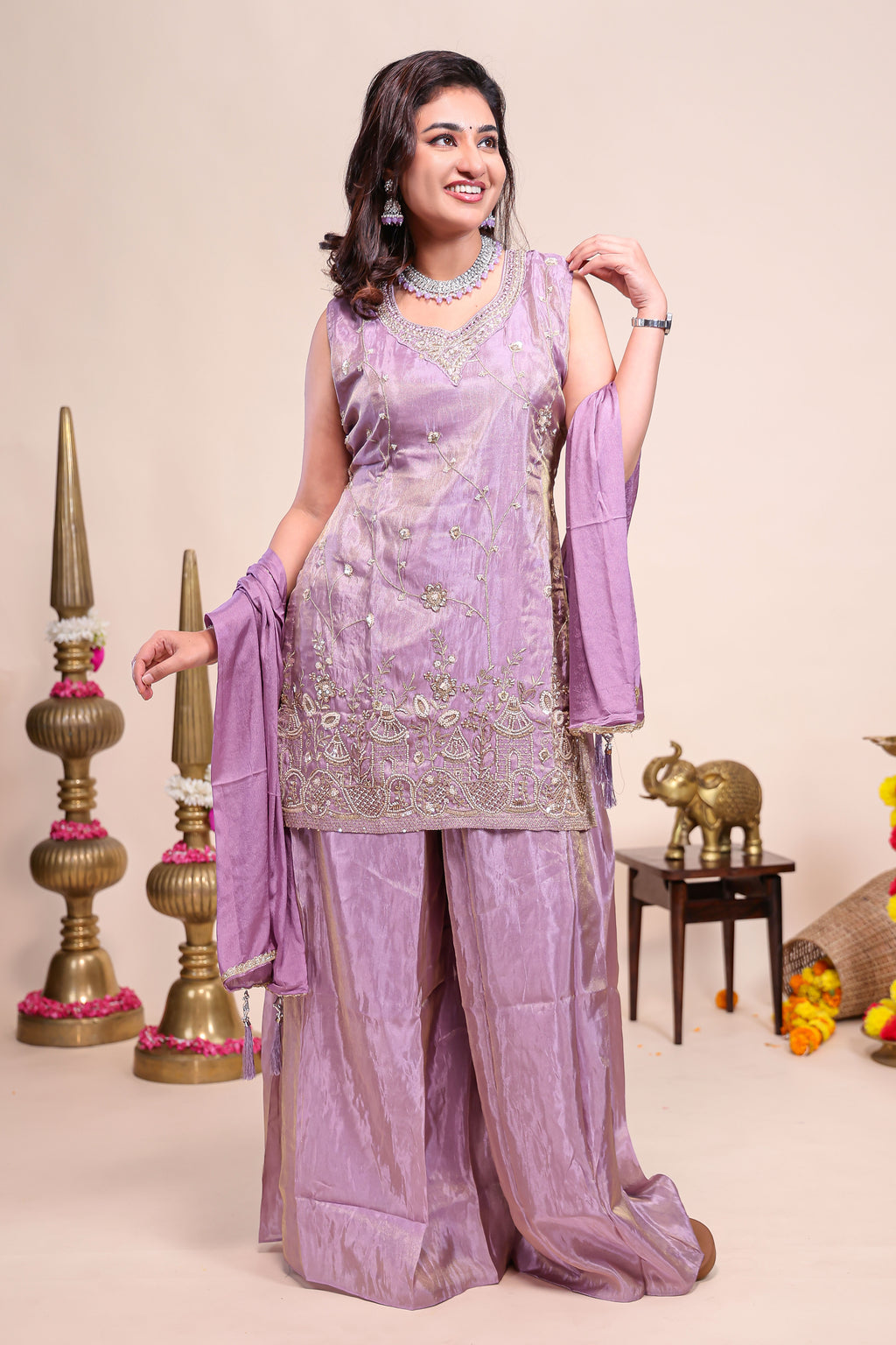Purple floral stone work embroidered sharara set with V-neck matching bottom and dupatta