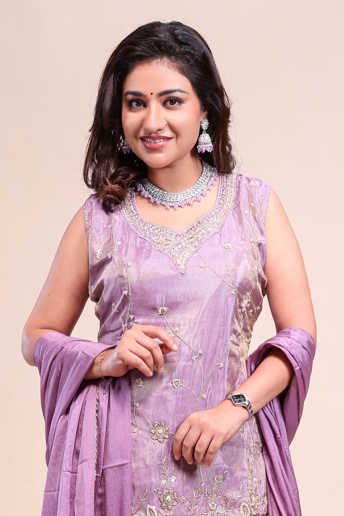 Purple floral stone work embroidered sharara set with V-neck matching bottom and dupatta