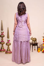 Purple floral stone work embroidered sharara set with V-neck matching bottom and dupatta