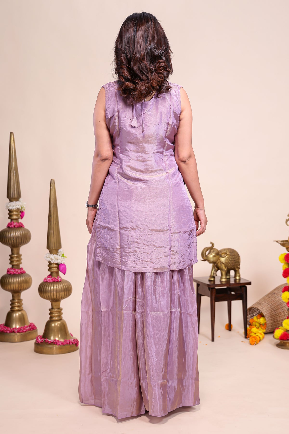 Purple floral stone work embroidered sharara set with V-neck matching bottom and dupatta