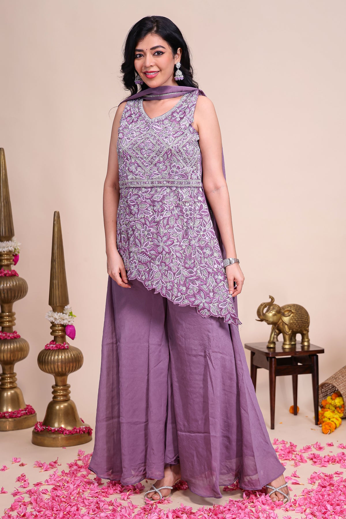 Lavender floral embroidered asymmetrical peplum sharara set with V-neck matching bottom and dupatta