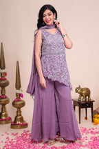 Lavender floral embroidered asymmetrical peplum sharara set with V-neck matching bottom and dupatta