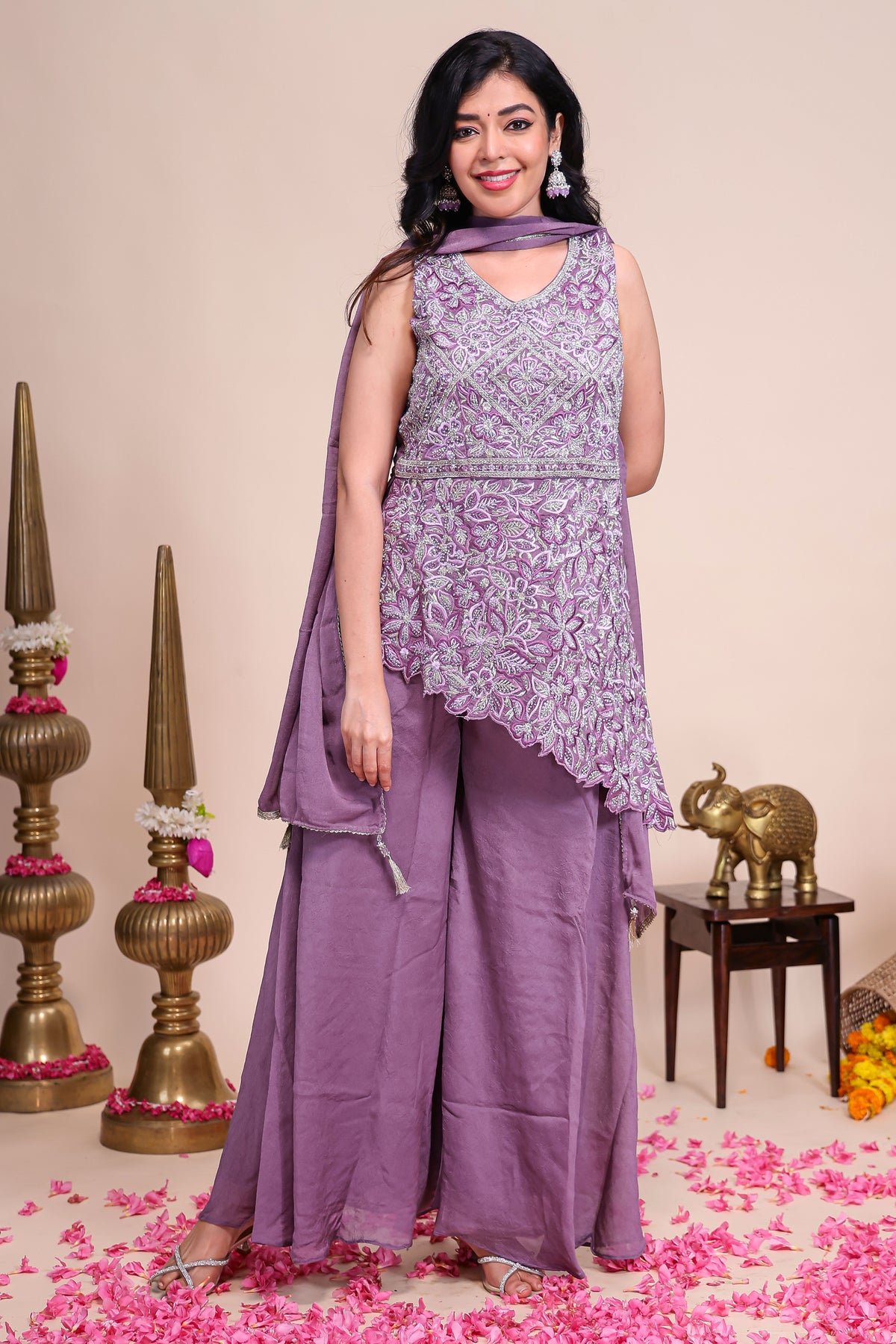 Lavender floral embroidered asymmetrical peplum sharara set with V-neck matching bottom and dupatta