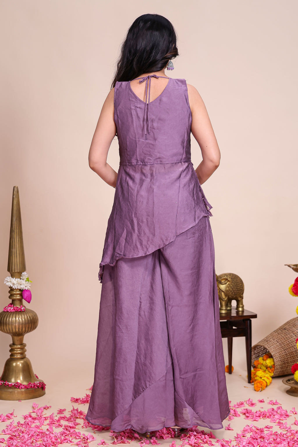 Lavender floral embroidered asymmetrical peplum sharara set with V-neck matching bottom and dupatta