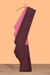 Borderless pink & brown dual shade striped semisilk cotton saree with striped pallu and matching blouse