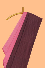 Borderless pink & brown dual shade striped semisilk cotton saree with striped pallu and matching blouse