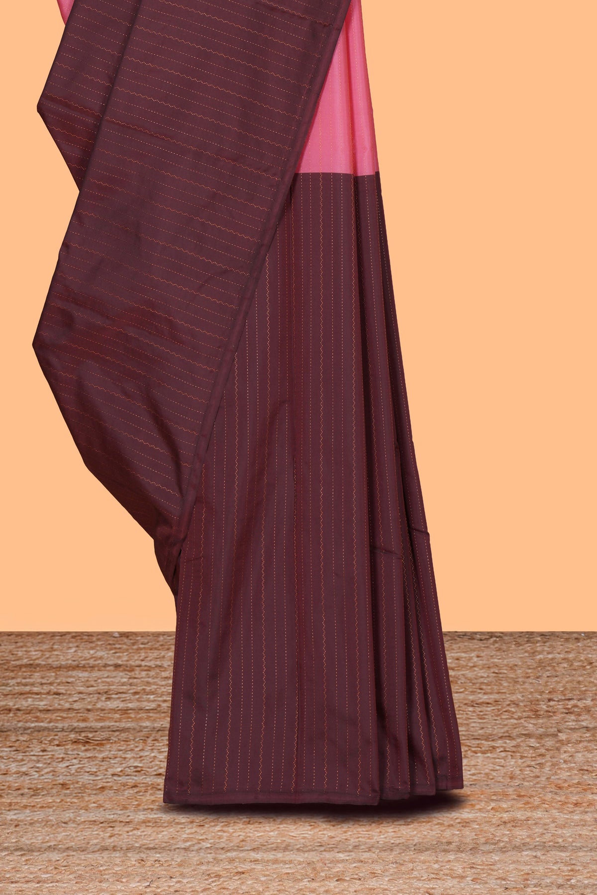 Borderless pink & brown dual shade striped semisilk cotton saree with striped pallu and matching blouse