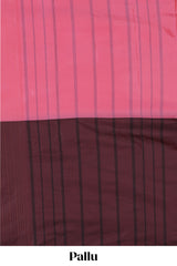 Borderless pink & brown dual shade striped semisilk cotton saree with striped pallu and matching blouse