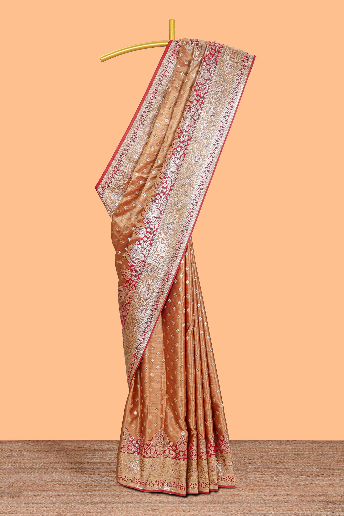 Mustard zari butta semi soft silk saree with self border and matching pallu