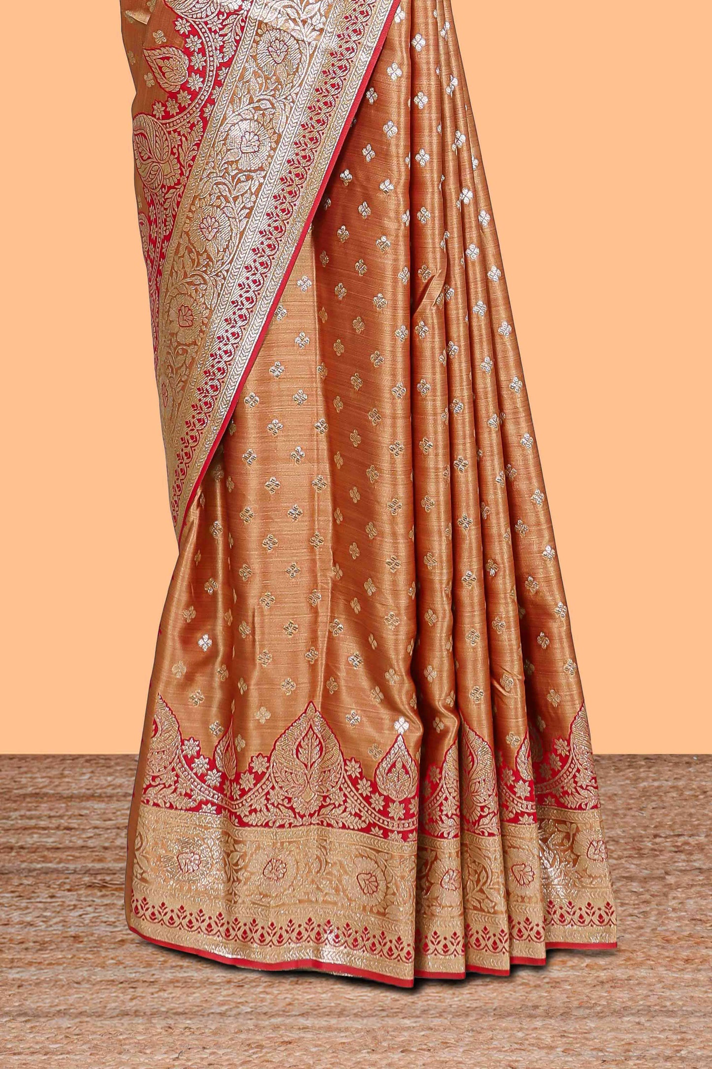 Mustard zari butta semi soft silk saree with self border and matching pallu