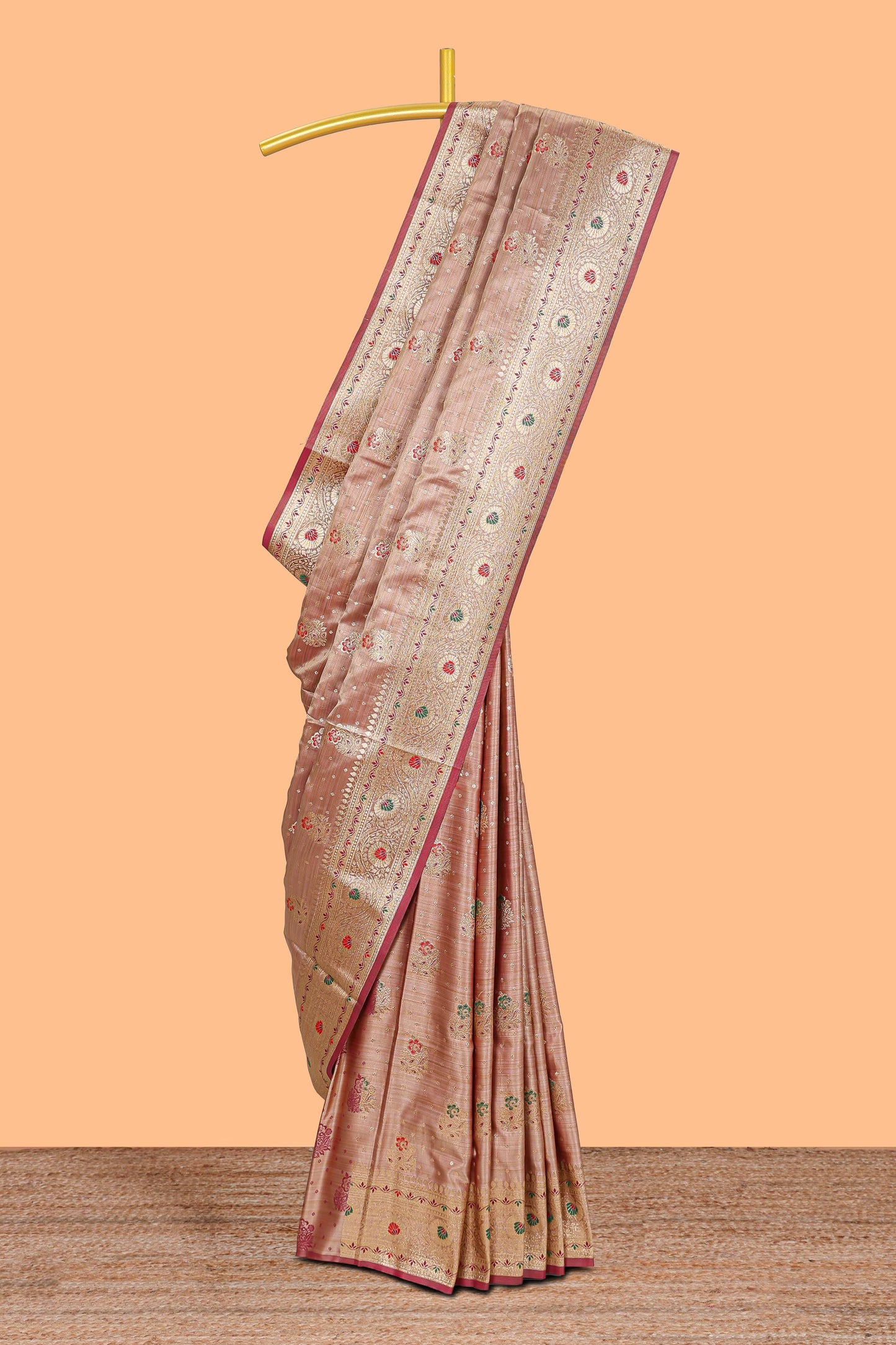 Beige zari butta semi soft silk saree with self border and matching pallu