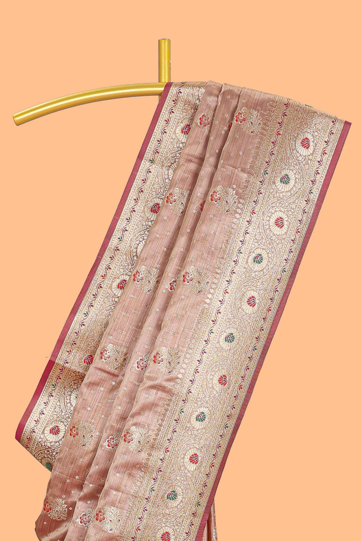 Beige zari butta semi soft silk saree with self border and matching pallu
