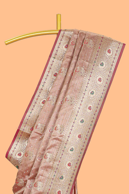Beige zari butta semi soft silk saree with self border and matching pallu