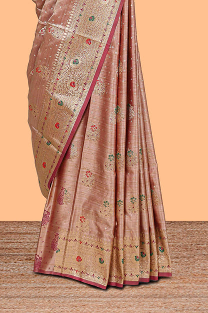 Beige zari butta semi soft silk saree with self border and matching pallu