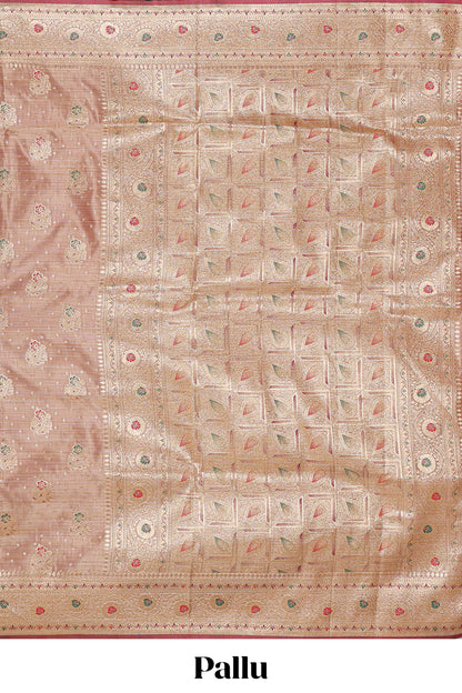 Beige zari butta semi soft silk saree with self border and matching pallu