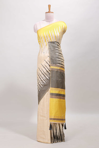 Borderless sandal striped yellow & grey shade ikkat style semi soft silk saree with contrast striped pallu and matching blouse