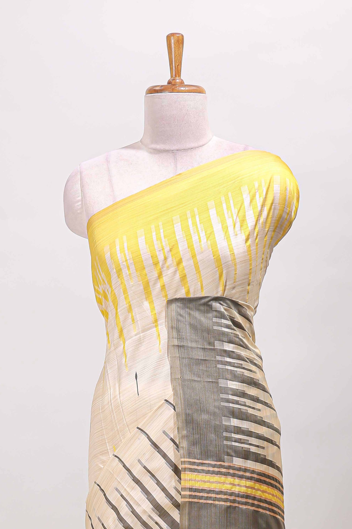 Borderless sandal striped yellow & grey shade ikkat style semi soft silk saree with contrast striped pallu and matching blouse