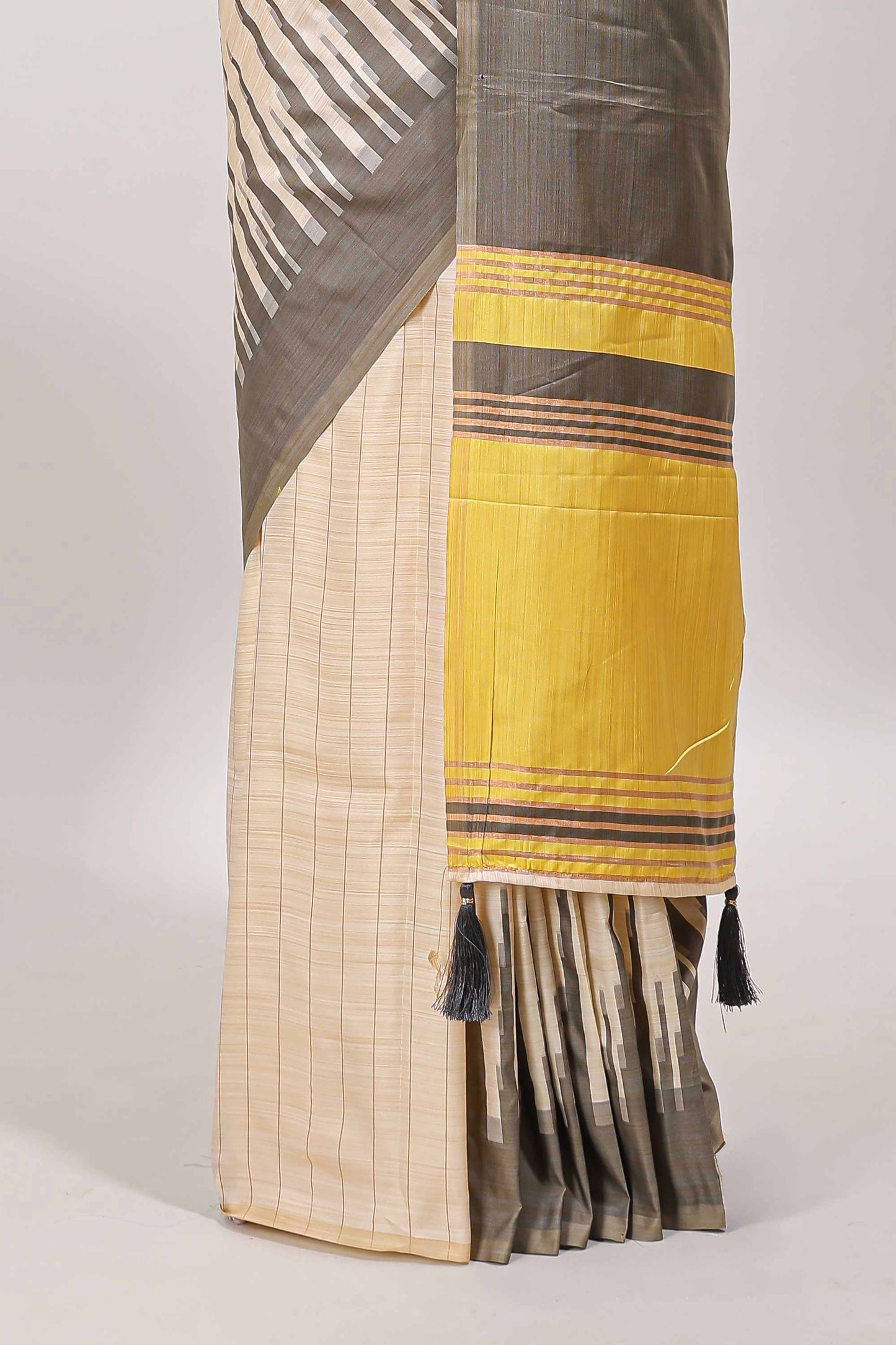 Borderless sandal striped yellow & grey shade ikkat style semi soft silk saree with contrast striped pallu and matching blouse