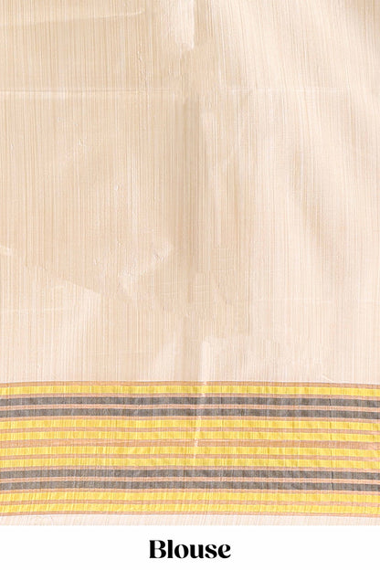Borderless sandal striped yellow & grey shade ikkat style semi soft silk saree with contrast striped pallu and matching blouse