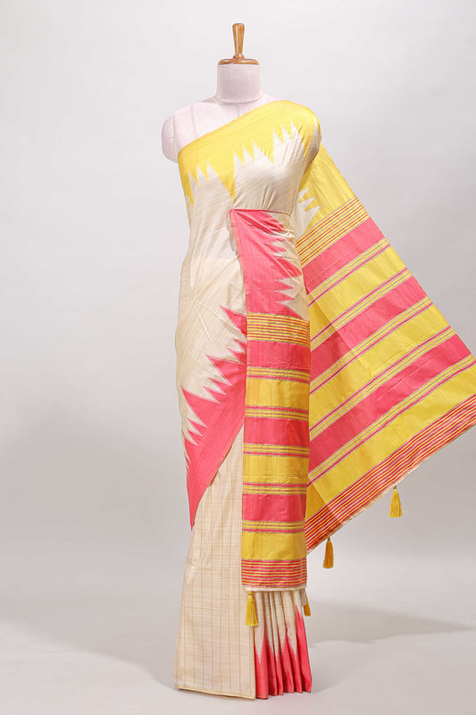 Borderless sandal striped yellow & pink shade ikkat style semi soft silk saree with contrast striped pallu and matching blouse
