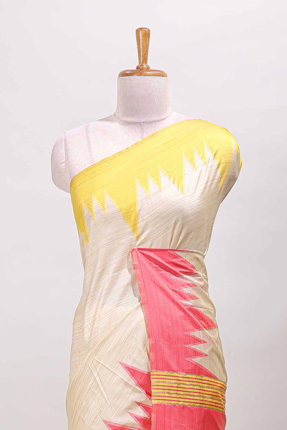Borderless sandal striped yellow & pink shade ikkat style semi soft silk saree with contrast striped pallu and matching blouse