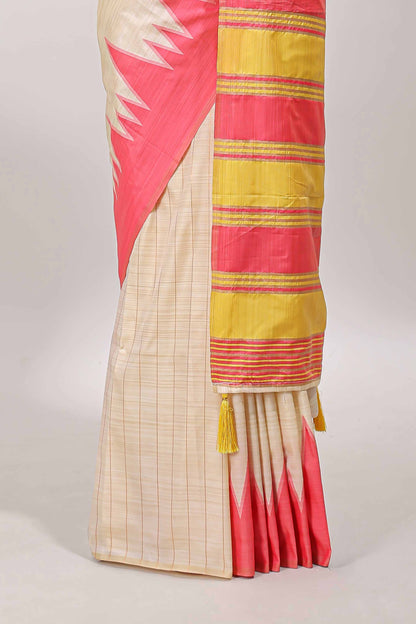 Borderless sandal striped yellow & pink shade ikkat style semi soft silk saree with contrast striped pallu and matching blouse