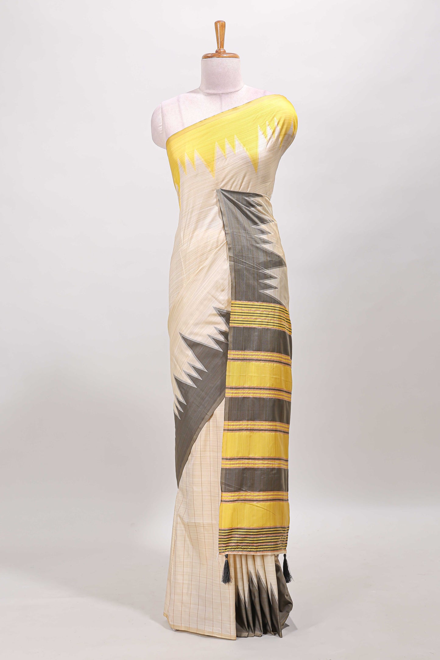 Borderless sandal striped yellow & grey shade ikkat style semi soft silk saree with contrast striped pallu and matching blouse