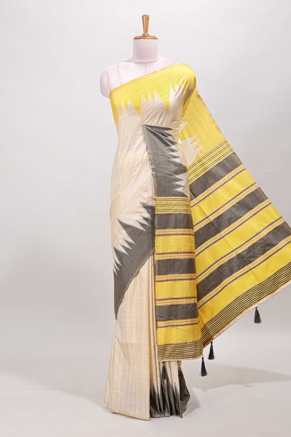 Borderless sandal striped yellow & grey shade ikkat style semi soft silk saree with contrast striped pallu and matching blouse