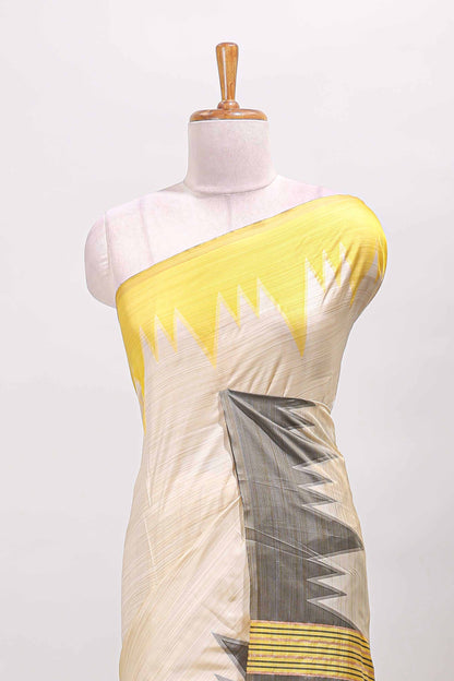 Borderless sandal striped yellow & grey shade ikkat style semi soft silk saree with contrast striped pallu and matching blouse