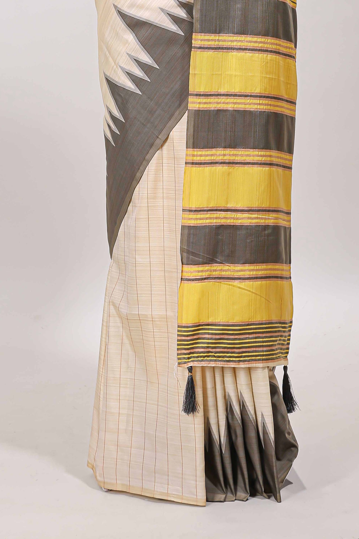 Borderless sandal striped yellow & grey shade ikkat style semi soft silk saree with contrast striped pallu and matching blouse