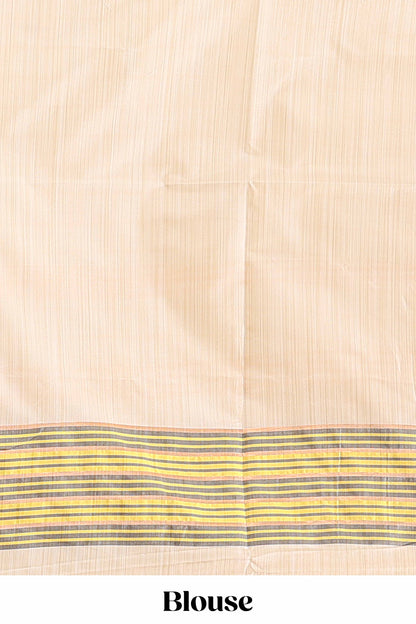 Borderless sandal striped yellow & grey shade ikkat style semi soft silk saree with contrast striped pallu and matching blouse